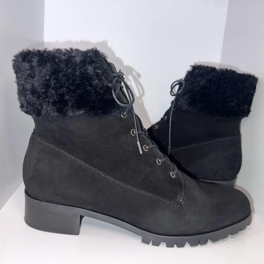 GRIGIARANCIO, US10, suede leather faux fur ankle lace up 1” block heel bootie